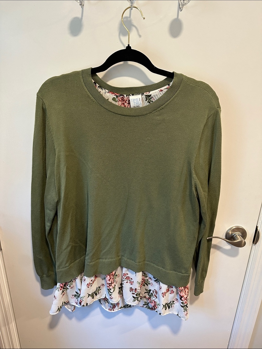 Time and Tru Olive Green Pullover Sweater with Floral Ruffle Hem